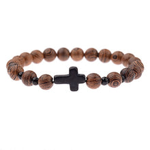Load image into Gallery viewer, Hot Men Natural Wood Beads Cross Bracelets Onyx Meditation Prayer Bead Bracelet Women Wooden Yoga Jewelry Homme