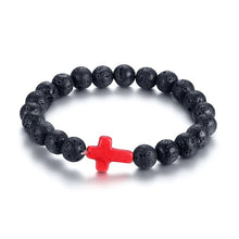 Load image into Gallery viewer, Vnox Volcanic Energy Lava Stone Black Red Cross Charm Bracelets for Women Men Yoga Beads Couple Jewelry Stretch Pulseira