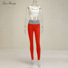 Load image into Gallery viewer, Tina Beauty Kylie Set Gymwear Outfits Two Piece Set Square Neck Midriff Bustier &amp; Stretch Full Length Hash Line Pant Sweat Set
