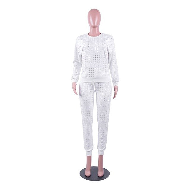 HAOYUAN Rhinestones 2 Piece Set Women Festival Clothing Long Sleeve Top Pants Sweat Suits Causal Matching Sets Two Piece Outfits
