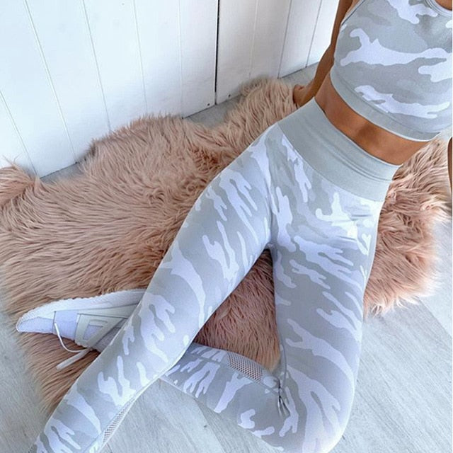 2 Piece Women Seamless Camo Yoga Sets Wear Elastic Gym Fitness Camouflage Sports Suit  Bra Pants Top Workout Leggings Sportswear