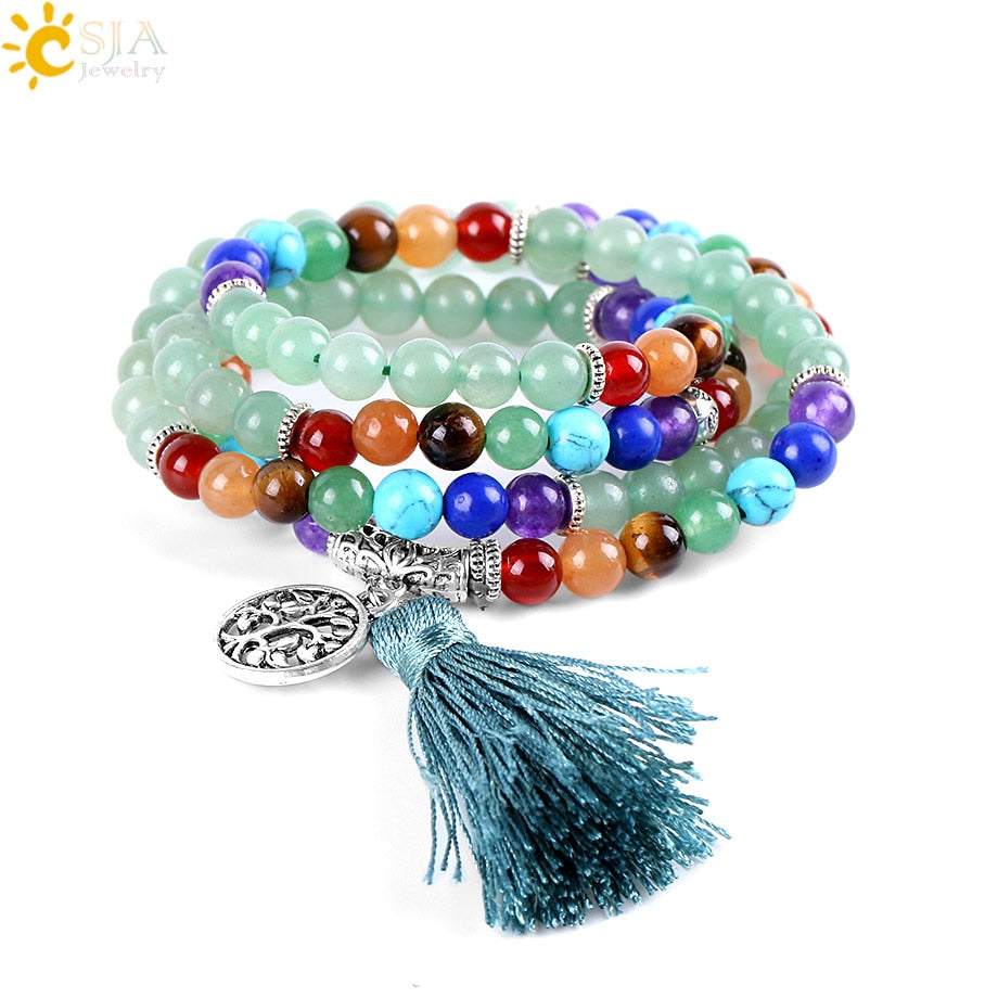 CSJA 108 Meditation Green Aventurine Multi-layer Bracelets 7 Chakra Yoga Balance Natural Round Mala Bead Life Tree Healing E658