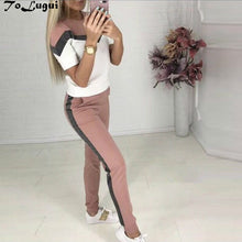 Load image into Gallery viewer, ToLugui Summer Women&#39;s Set short sleeve Sports Suit patchwork o-neck t-shirt+pant 2 piece set tracksuit for women sweat suit
