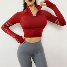 Load image into Gallery viewer, Half Zipper Gym Crop Tops Women Cycling Running Reflective Long Sleeve Sports Sweater Fitness Yoga Tops Thumb Holes Sportswear
