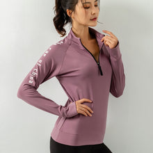 Load image into Gallery viewer, Letter Print Sports Sweater Women Running Stretch Zipper Pullover Fitness Workout Yoga Sportswear Thumb Hole Sweatshirt
