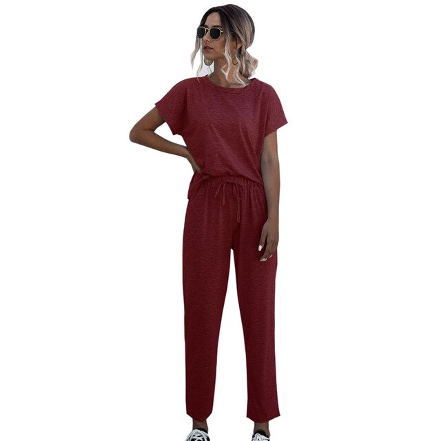 Hot sale 2pcs Women 2020 Summer Tracksuits Set Lounge Wear Short Sleeve Tops Long Pants Sweat Suits House Sports Casual Outfit