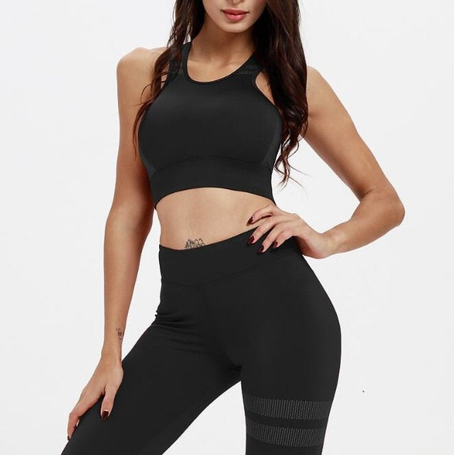 2Pcs Sports Suits Yoga Set Women Fitness Sportswear High Waist Leggings Strappy Sports Running GYM Workout Pants+Bra