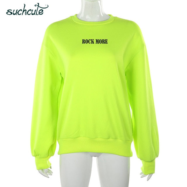 SUCHCUTE Women's Hoodies Neon Green Casual Lose Weight Hoody Top Sudadera Mujer Kpop O-Neck Autumn 2020 Female Gothic Sweatshirt