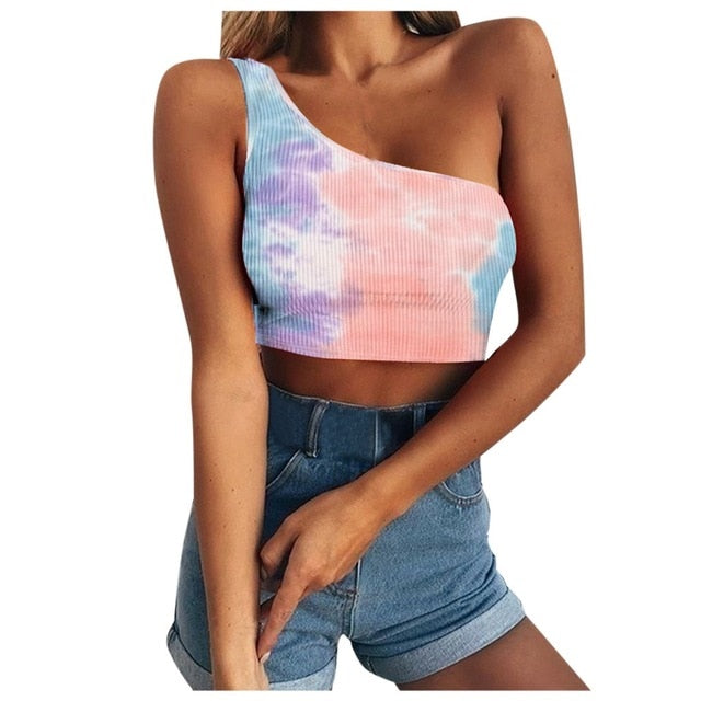 Chic Fashion Tie Dye One Shoulder Sexy Tank Tops Summer Women Casual Sleeveles Crop Tops knitted Vest Cami Short Tops Streetwear