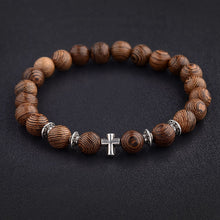 Load image into Gallery viewer, Hot Men Natural Wood Beads Cross Bracelets Onyx Meditation Prayer Bead Bracelet Women Wooden Yoga Jewelry Homme
