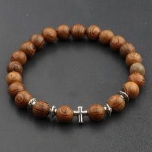 Load image into Gallery viewer, Hot Men Natural Wood Beads Cross Bracelets Onyx Meditation Prayer Bead Bracelet Women Wooden Yoga Jewelry Homme
