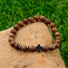 Load image into Gallery viewer, Hot Men Natural Wood Beads Cross Bracelets Onyx Meditation Prayer Bead Bracelet Women Wooden Yoga Jewelry Homme
