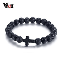 Load image into Gallery viewer, Vnox Volcanic Energy Lava Stone Black Red Cross Charm Bracelets for Women Men Yoga Beads Couple Jewelry Stretch Pulseira

