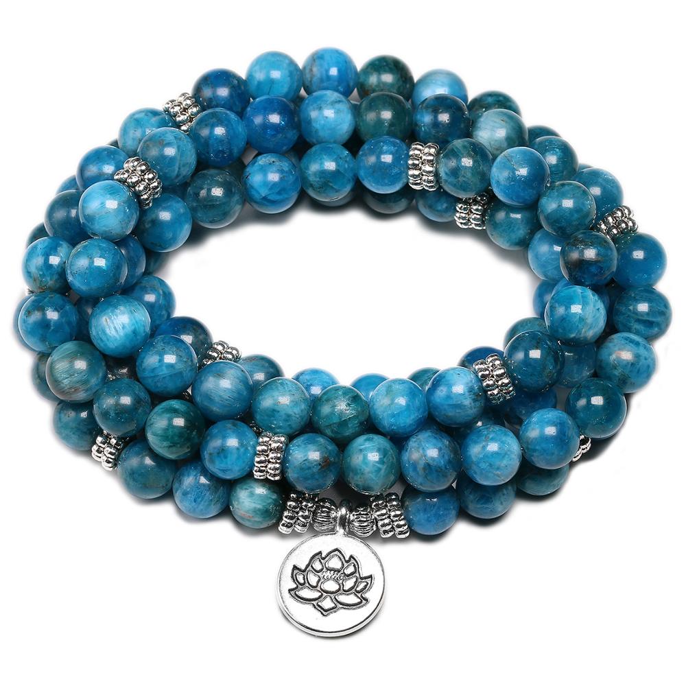 Mala Bracelets Revelation In Natural Apatite 8MM 108 Beads Bracelets Yoga Meditation Lotus Pendant Charm Jewelry