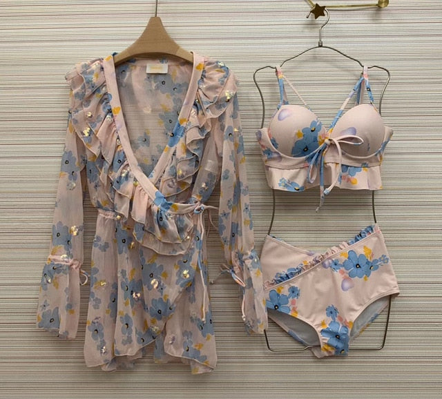 Qian Han Zi Designer Summer Sexy Swimsuit Three Pieces Set Women's High Waist Bikini + Sun Protection Cloak Ladies Beach Sets