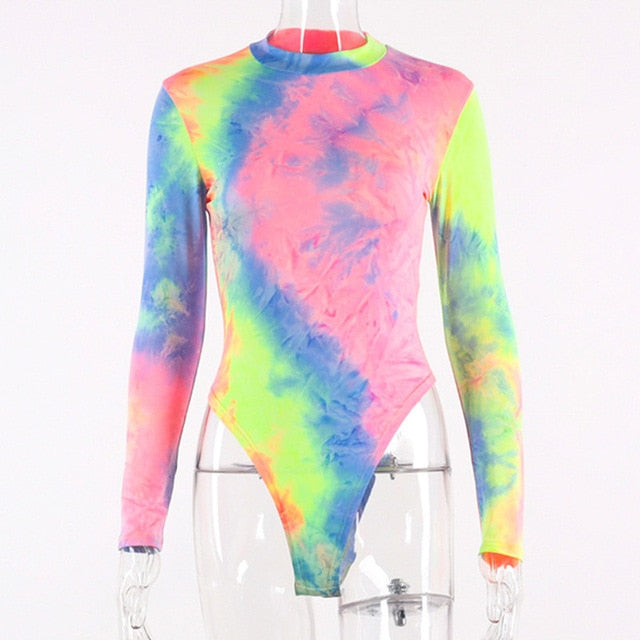 2020 Long Sleeve Sexy Women Skinny Rompers Rainbow Printed Bodysuits Colorful Body Suit O-Neck Fashion Club Tie Dyeing GV850