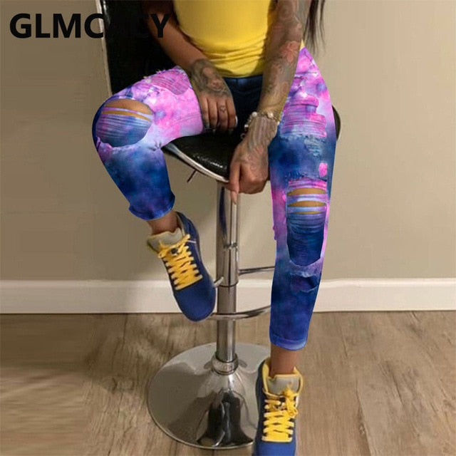 Women Colorful Sexy Ripped Jeans Denim Pencil Pants High Waist Stretch Skinny Jeans