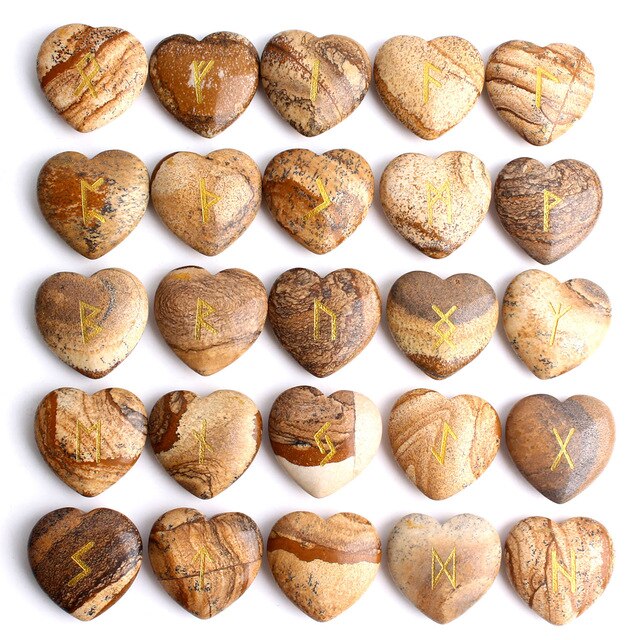 25Pcs Crystal Heart Natural Rune Stones Divination Meditation Engraved Runes Reiki Archangel Chakra Symbols Palm Stone Gift