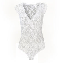 Load image into Gallery viewer, Women Sexy Lace Bodsuit Sleevless V-neck Sheer Mesh Lace Slim Bodysuit Tops Romper Overalls Bodysuit Feminino Body Suits Tops
