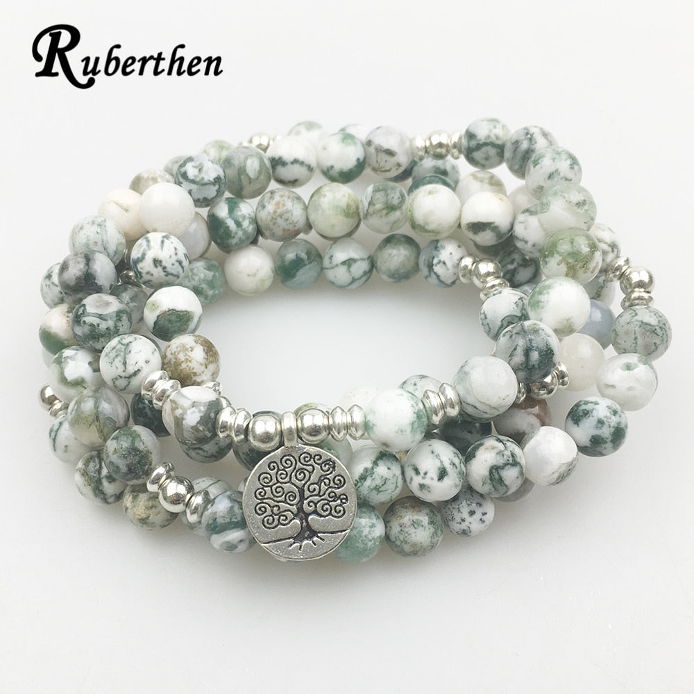 Ruberthen New Design 108 Mala Yoga Bracelet  Women Natural Stone Tree of Life Jewelry Meditation Tree Pattern Stone Bracelet