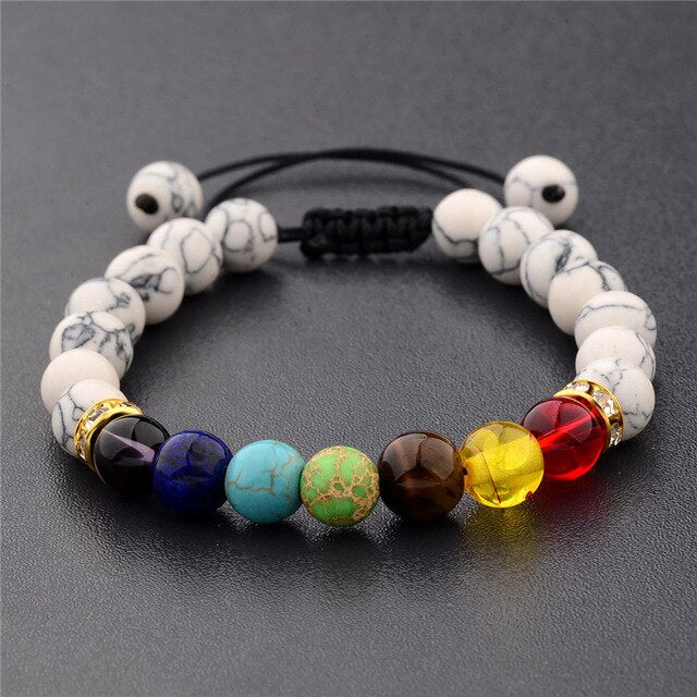 DOUVEI 2018 Handmade Jewelry 7 Colorful Chakra Natural Stone Beads Yoga Bangle Alloy Metal Bracelet For Women Men ABK012