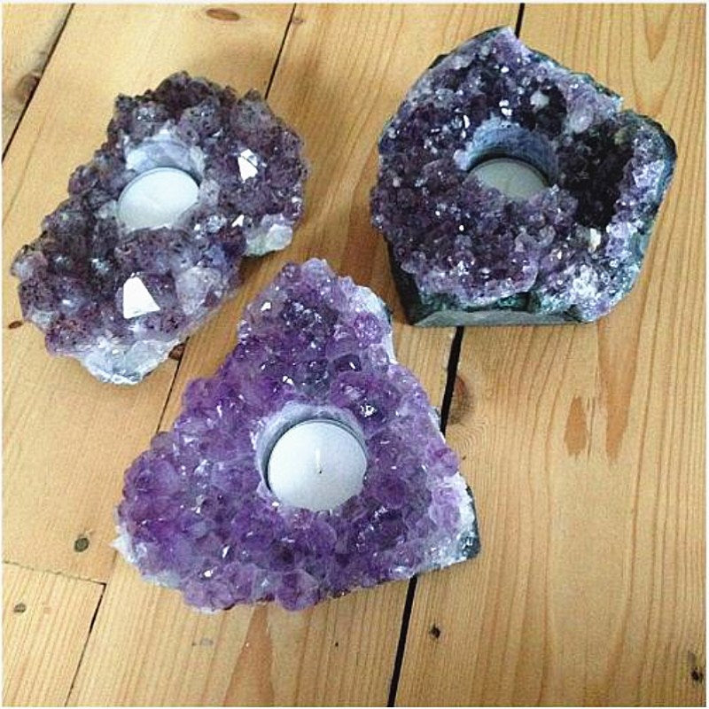 Natural Rough AMETHYST CRYSTAL CLUSTER TEA LIGHT CANDLE HOLDER GEODE Purple Quartz candlestick HEALING NEW AGE PAGAN